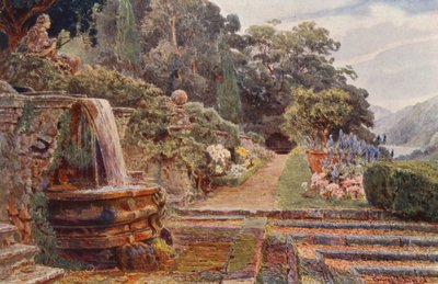 イタリアの庭園：ヴィラ・チコーニャ、カスケードの下（カラーリトグラフ） 作： George Samuel Elgood