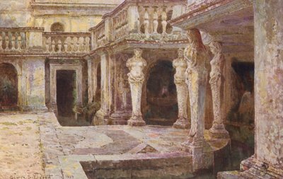 イタリアの庭園：パパ・ジュリオ邸（カラーリトグラフ） 作： George Samuel Elgood