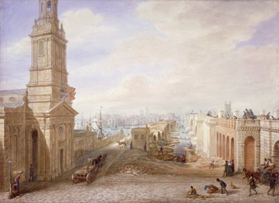 南を望む新旧のロンドン橋、ロンドン、1831年。 作： George Scharf