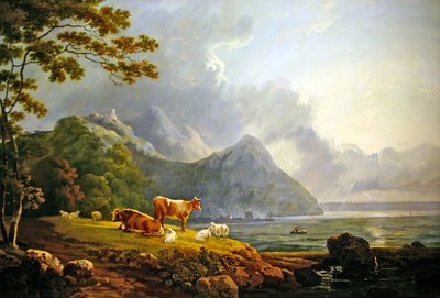 羊と牛のいる広大な風景」（油彩・キャンバス） 作： George Senior Barrett