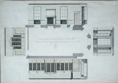 ケント州コブハム・ホールの図書館予定地の一部（紙にペンとインク、カラーウォッシュ） 作： George Shakespeare
