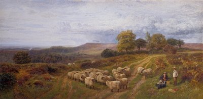 羊飼いと彼の羊の群れ、サリー州の広大な風景（キャンバスに油彩） 作： George Shalders