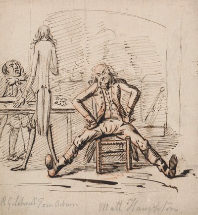 Três homens em uma sala: Gilchrist sentado à mesa, Tom Adam em pé, visto por trás e Matt Haughton sentado com as pernas abertas e os braços cruzados diante do fogo 作： George Shepheard