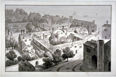 ウィンチェスター宮殿の司教の鳥瞰図、サザーク、ロンドン、c1820。 作： George Shepherd