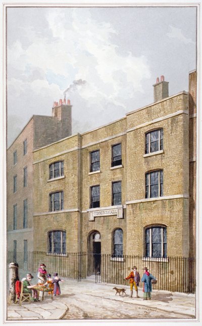 ピナーズ ホールの看板があるオールド ブロード ストリートの建物、シティ オブ ロンドン、1815 年 作： George Shepherd