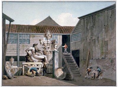 ロンドン、ランベス、ナロー ウォール ストリートにあるコード ストーンの工場ヤード、c1800。 作： George Shepherd