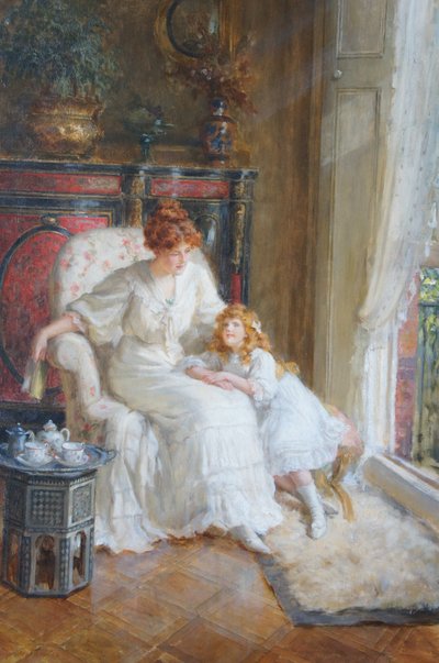 ティータイムの母と娘（油彩・キャンバス） 作： George Sheridan Knowles