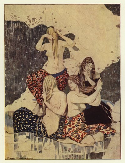 氷の上に座って髪を編んでいる4人の美しい乙女たちを見た（カラーリトグラフ 作： George Sheringham