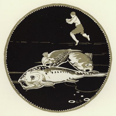 氷の上に4匹の大きな魚が横たわっているのが見えた（カラーリトグラフ 作： George Sheringham