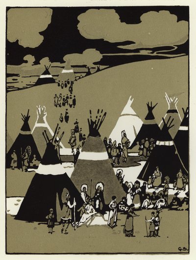 夕方になると、彼らはあるキャンプにやってきた（カラーリトグラフ）。 作： George Sheringham