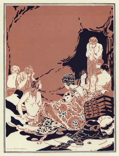 多くの女性が輪になって座っており、みんな悲しくて泣いている（カラーリトグラフ 作： George Sheringham