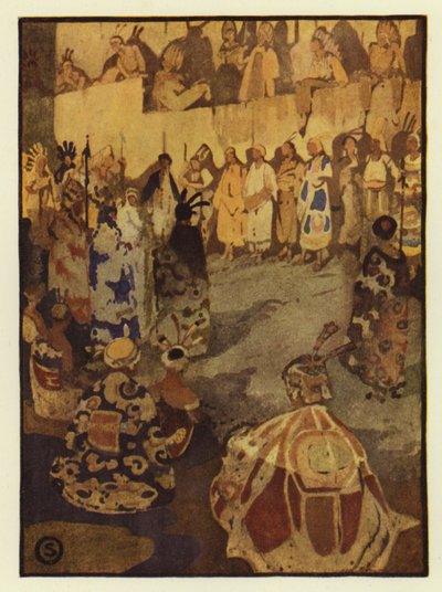 太陽の裁判のためにグルースカプの人々で埋め尽くされた大法廷のテント（カラーリトグラフ 作： George Sheringham
