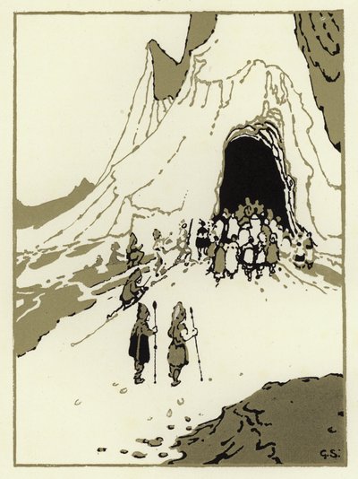 人々は巨人を探しに出かけ、やがて巨人の洞窟にたどり着いた（カラーリトグラフ 作： George Sheringham