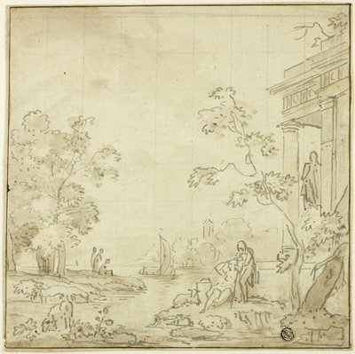 人物のいる港の情景、寺院 作： George Smith of Chichester