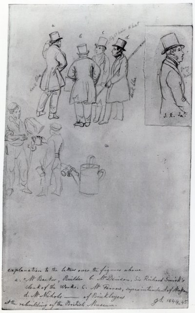 大英博物館の再建における建設業者と測量士、1844年（紙に鉛筆） 作： George Snr Scharf