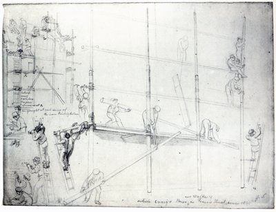 1841年にロンドンのフランシスストリートにあるクレイグの家の外に足場を組む 作： George Snr Scharf