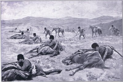 コサックと彼の馬：小競り合い中にカバーを固定するための装置、イラスト、ラッセル日露戦争の巻1、c.1900 作： George Soper
