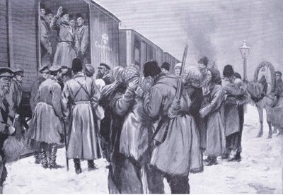 極東へのロシア軍の出発、カッセルの日露戦争の歴史第1巻、1900年からのイラスト 作： George Soper