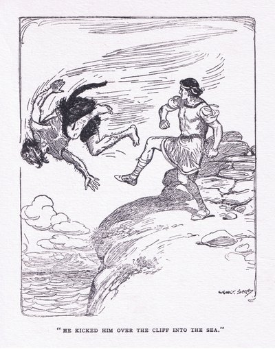 ジョージ・アレン・アンド・アンウィン社から1929年に出版された「The Heroes」の中で、彼を崖から海に蹴り落とした（カラーリトグラフ）。 作： George Soper