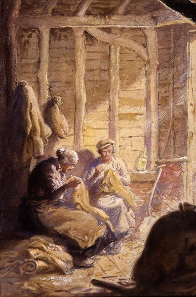 納屋の袋を縫う（水彩・紙） 作： George Soper