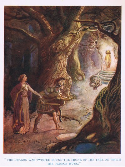 ゴールデンフリース：ドラゴンはフリースが掛かっている木の幹の周りにねじれました。 作： George Soper