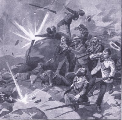 ベルゲンダールでのヨハネスブルグ警察の最後のスタンド、プレトリア後のイラスト：ゲリラ戦争、1902 作： George Soper