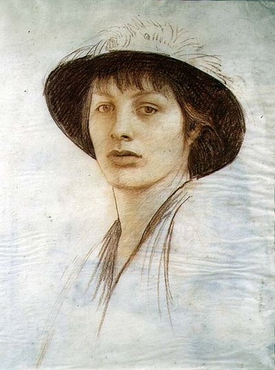 Girl in a Feathered Hat（ベラムに赤チョーク） 作： George Spencer Watson