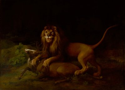 雄鹿を攻撃するライオン、1765 年から 1766 年。 作： George Stubbs