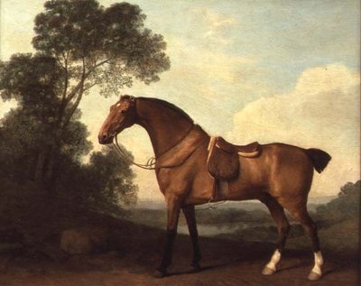湖のある風景の中で鞍をつけたベイハンター 作： George Stubbs