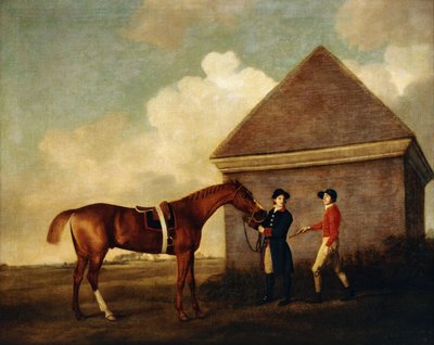 1770年にニューマーケットのラビングダウンハウスでジョッキー、おそらくジャックオークリーと一緒に、新郎が抱いたダークチェスナットの競走馬「エクリプス」 作： George Stubbs