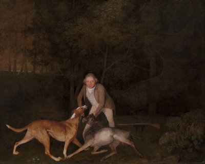クラレンドン伯爵の猟場番人フリーマンと死にゆく雌鹿と猟犬、1800年。 作： George Stubbs