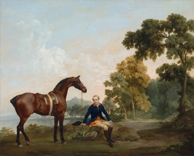 クランブラシル伯爵（1730-1798）のジェームズハミルトンとベイハンターのモーブレーが湖のほとりの樹木が茂った小道で休んでいる 作： George Stubbs