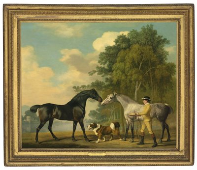 若い新郎と湖のそばの犬を連れた2人のハンター、1778年 作： George Stubbs