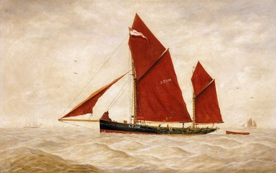 赤い帆が特徴的なローストフト社の漁船。キャンバスに油彩 作： George Vempley Burwood
