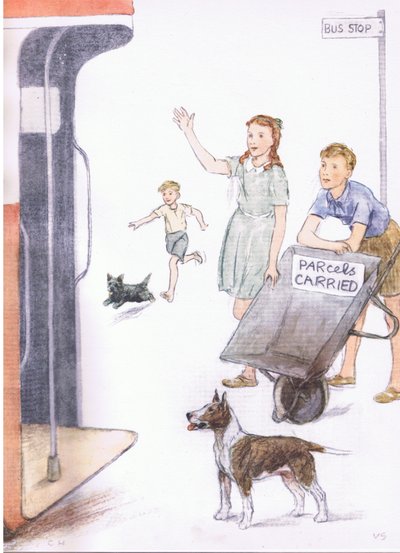 バスが到着すると、デビッドは手押し車を傾けて立っていた。 作： George Vernon Stokes