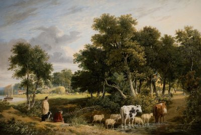 風景 - 小川を渡る牛、1831年。 作： George Vincent