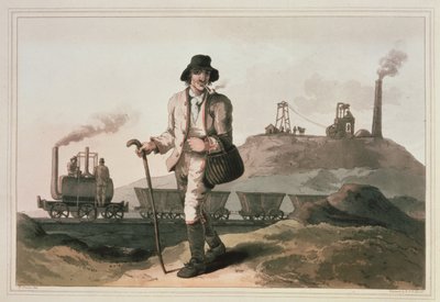 1814年、ロバートとダニエルハヴェルによって彫刻された、リーズ近くのミドルトン炭鉱にあるブレンキンソップ機関車 作： George Walker