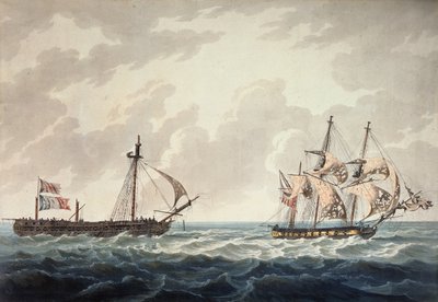 1810年にロバートクリッブが出版したR und D Havellによって刻まれた1809年7月6日の行動の後、フランスのフリゲート艦フリユーズを引いて彼の陛下のスループ、ボンチトエンヌ 作： George Webster