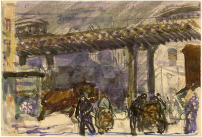 冬の日 - ブルックリン橋近くの高架下、c。 1907年。 作： George Wesley Bellows