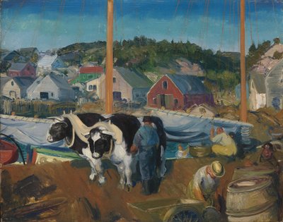 1916年、マティーニカスの埠頭、Oxチーム（lumbercoreパネルに油彩） 作： George Wesley Bellows