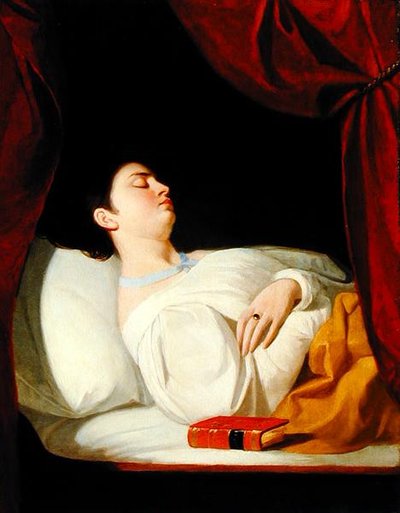 眠っている女性の肖像」1834年頃（木板に油彩 作： George Whiting Flagg
