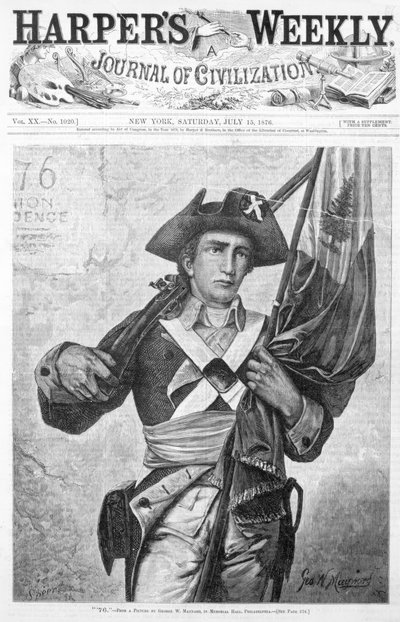 1876年7月15日、ニューヨーク州シュピアーによって彫刻されたマスケット銃旗を掲げた「76」ミニットマンまたは大陸兵、「ハーパーズウィークリー、文明のジャーナル」の表紙 作： George Willoughby Maynard