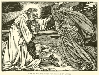 忠実な人の頭上でテーブルを壊すモーゼ（彫刻 作： George Woolliscroft Rhead