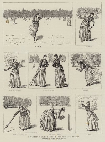 女子クリケットの試合、ハロー対ピンナー 作： George du Maurier