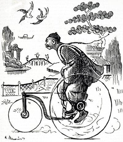 中国の公園で三輪車に乗る中国人の姿を描いた漫画。フランス系イギリス人の漫画家・作家であるジョージ・デュ・モーリア（1834-1896）が描いたもの。 作： George du Maurier