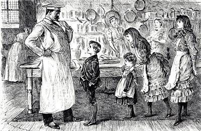 料理人が家の子供たちから注文を受ける様子を描いた漫画。絵を描いたのは、フランス系イギリス人の漫画家・作家のジョージ・デュ・モーリア（1834-1896）。 作： George du Maurier