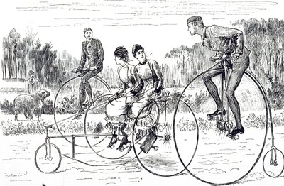 三輪車に乗る若者たちの姿を描いた漫画。フランス系イギリス人の漫画家・作家であるジョージ・デュ・モーリア（1834-1896）が描いたもの。 作： George du Maurier