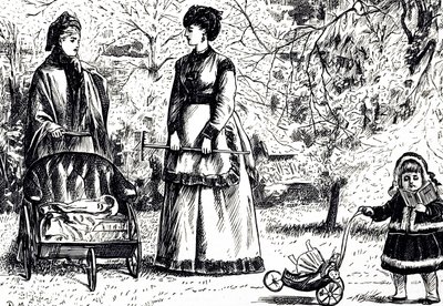 継承か、構想か」というタイトルの漫画。絵を描いたのは、フランス系イギリス人の漫画家・作家のジョージ・デュ・モーリア（1834-1896）。 作： George du Maurier