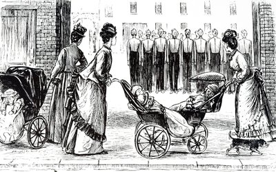 保育士が子供たちを連れて散歩する様子を描いた版画。フランス系イギリス人の漫画家・作家であるジョージ・デュ・モーリア（1834-1896）が描いたもの。 作： George du Maurier