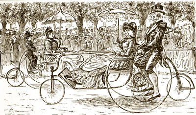 自転車に乗った乗客を描いたエングレーヴィング。フランス系イギリス人の漫画家・作家であるジョージ・デュ・モーリア（1834-1896）が描いたもの。 作： George du Maurier